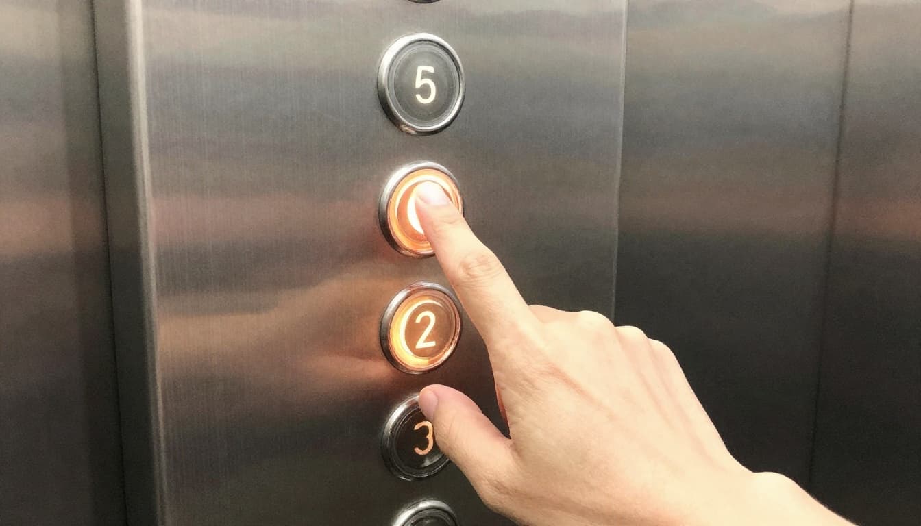 Close-up watercolor illustration of a single hand pressing an illuminated floor button inside a modern elevator, with soft blending, brush texture, and warm lighting focused on the interaction.