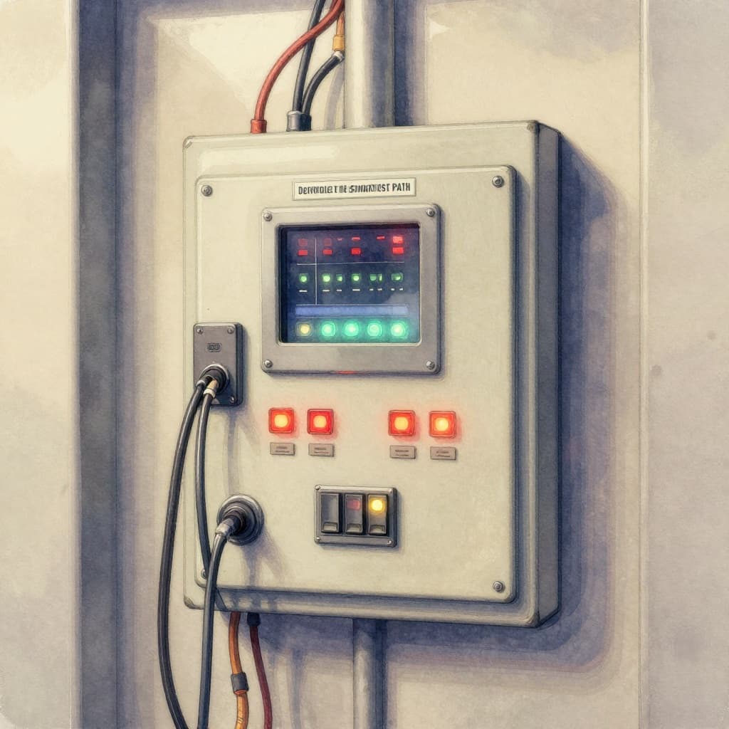 Close-up watercolor illustration of an elevator controller unit with wires, screens, and glowing indicators in an industrial machine room, focusing on the 'brain' panel with soft blending and brush texture.